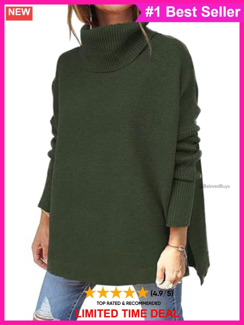 Turtleneck Oversized Batwing Sleeve Knit Pullover Sweater Split Hem